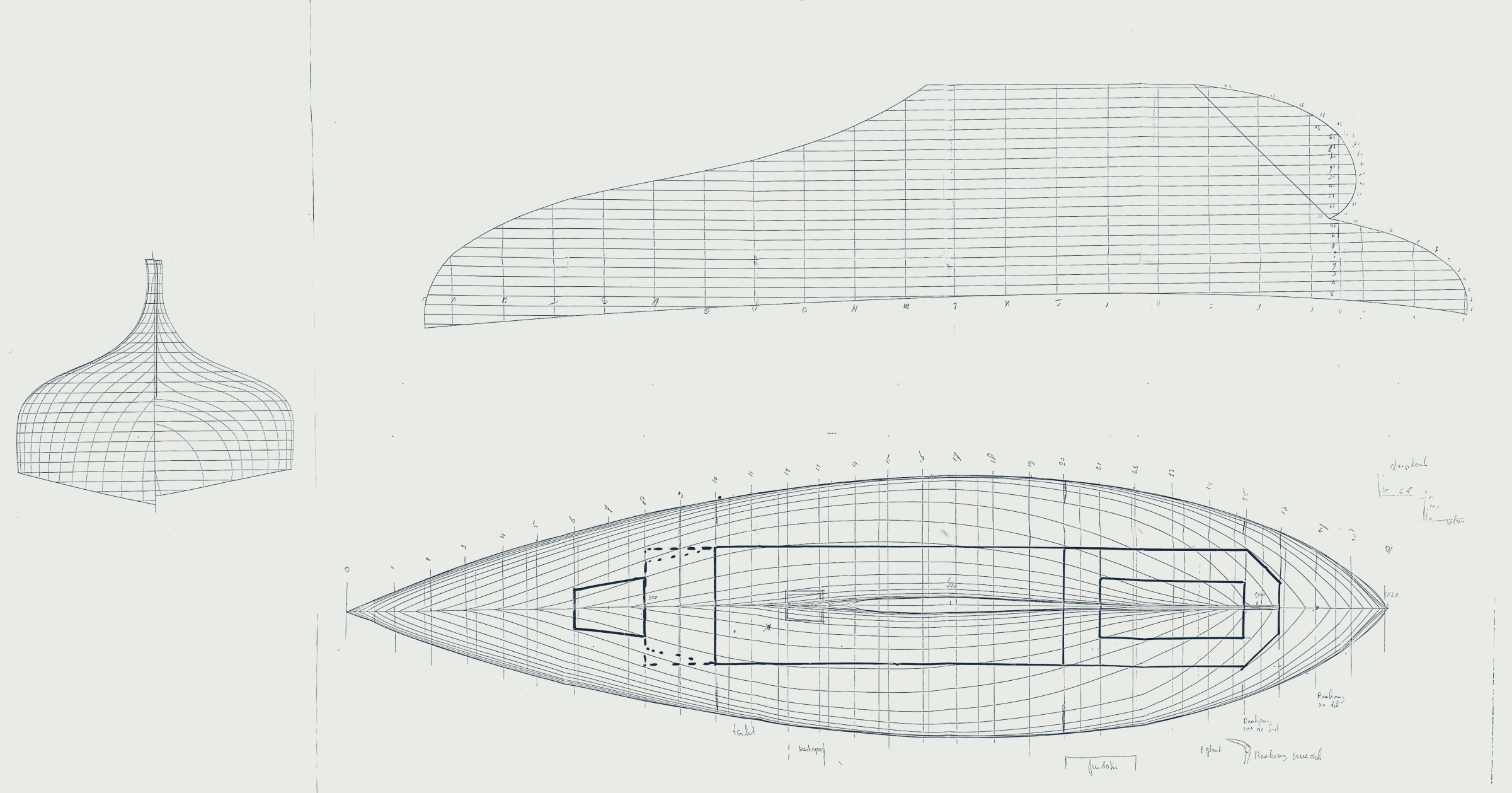 Lines plan of Bries: sheer plan, half-breadth plan and body plan, hand drawn in pencil